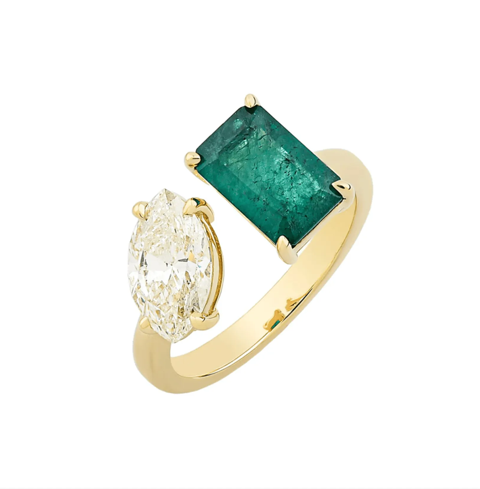 14K & 18K Gold Emerald and Marquise Cut Diamond Ring, Lab Grown Diamond