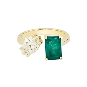 14K & 18K Gold Emerald and Marquise Cut Diamond Ring, Lab Grown Diamond