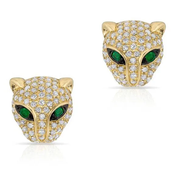 14KT YELLOW GOLD DIAMOND EMERALD JAGUAR STUD EARRINGS