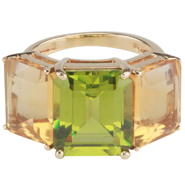 18kt Yellow Gold Emerald Cut Ring with Citrine and Peridot