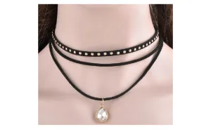 3 Layers Black Ribbon Bib Chocker Necklace For Women