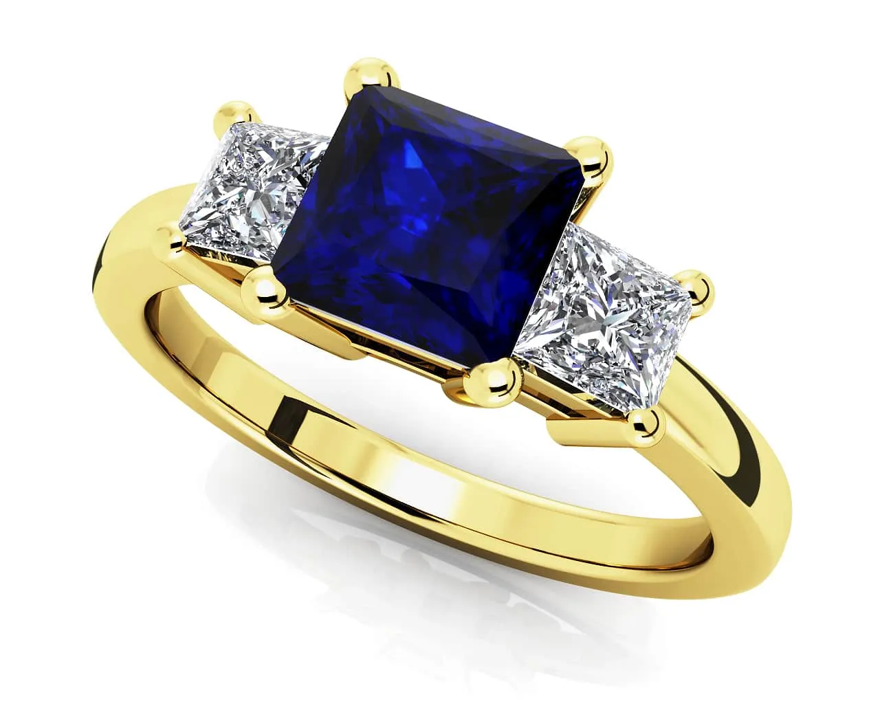 3 Stone Princess Diamond And Gem Diamond Ring with 1.53 ct.(finished) 3.5mm, 5.5mm Sapphire