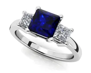 3 Stone Princess Diamond And Gem Diamond Ring with 1.53 ct.(finished) 3.5mm, 5.5mm Sapphire