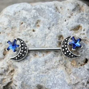 316L Stainless Steel Moon and Blue Star Nipple Bar