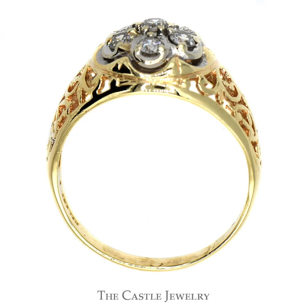 7 Diamond Kentucky Cluster Ring with Filigree Sides in 10k Yellow Gold