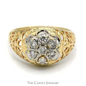 7 Diamond Kentucky Cluster Ring with Filigree Sides in 10k Yellow Gold