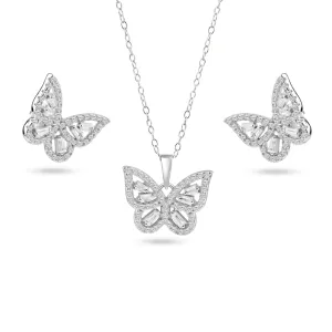 925 Sterling Silver Rhodium Butterfly Clear Baguette CZ Earring and Pendant Set - BGS00616