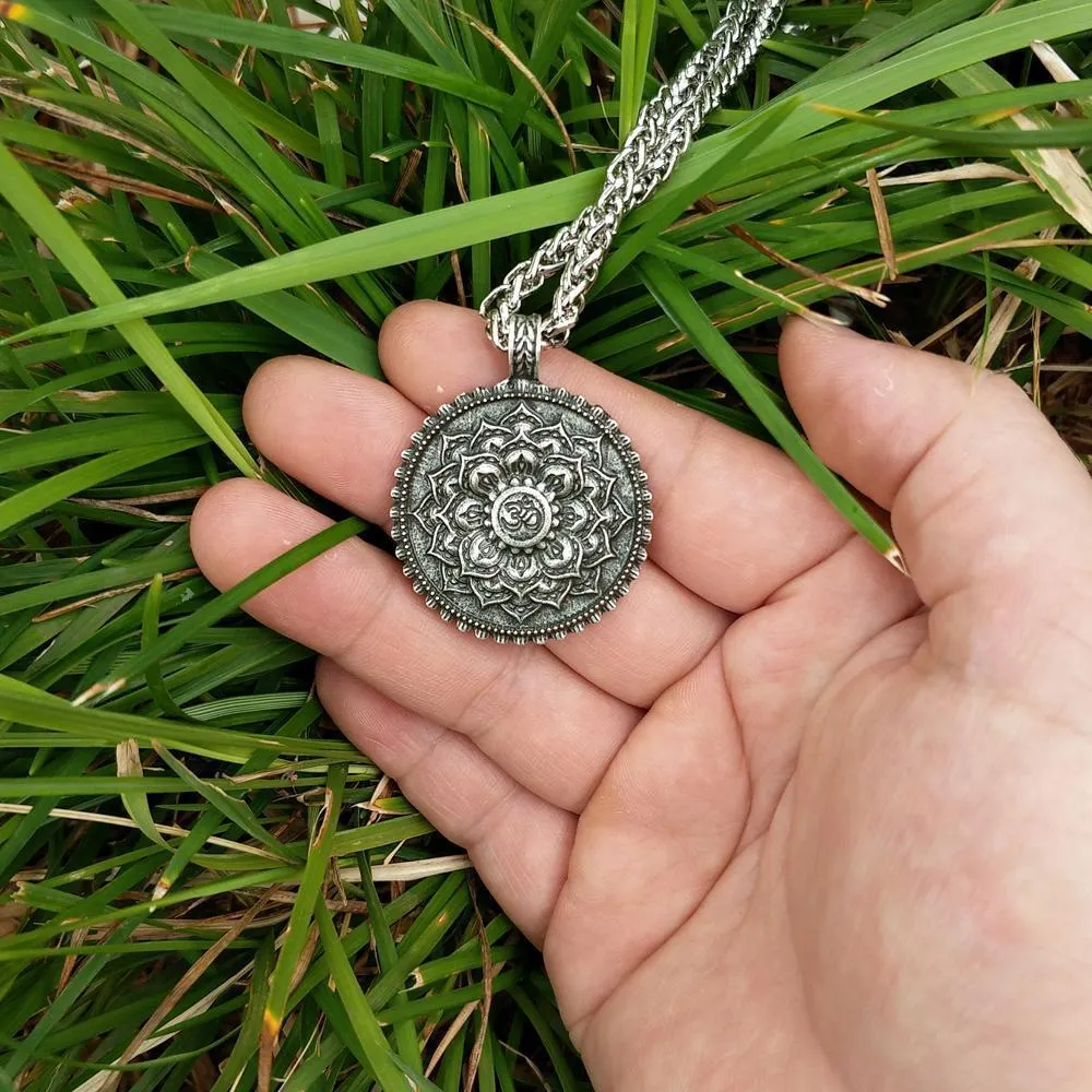 Antique Silver Om Lotus Mandala Pendant Necklaces