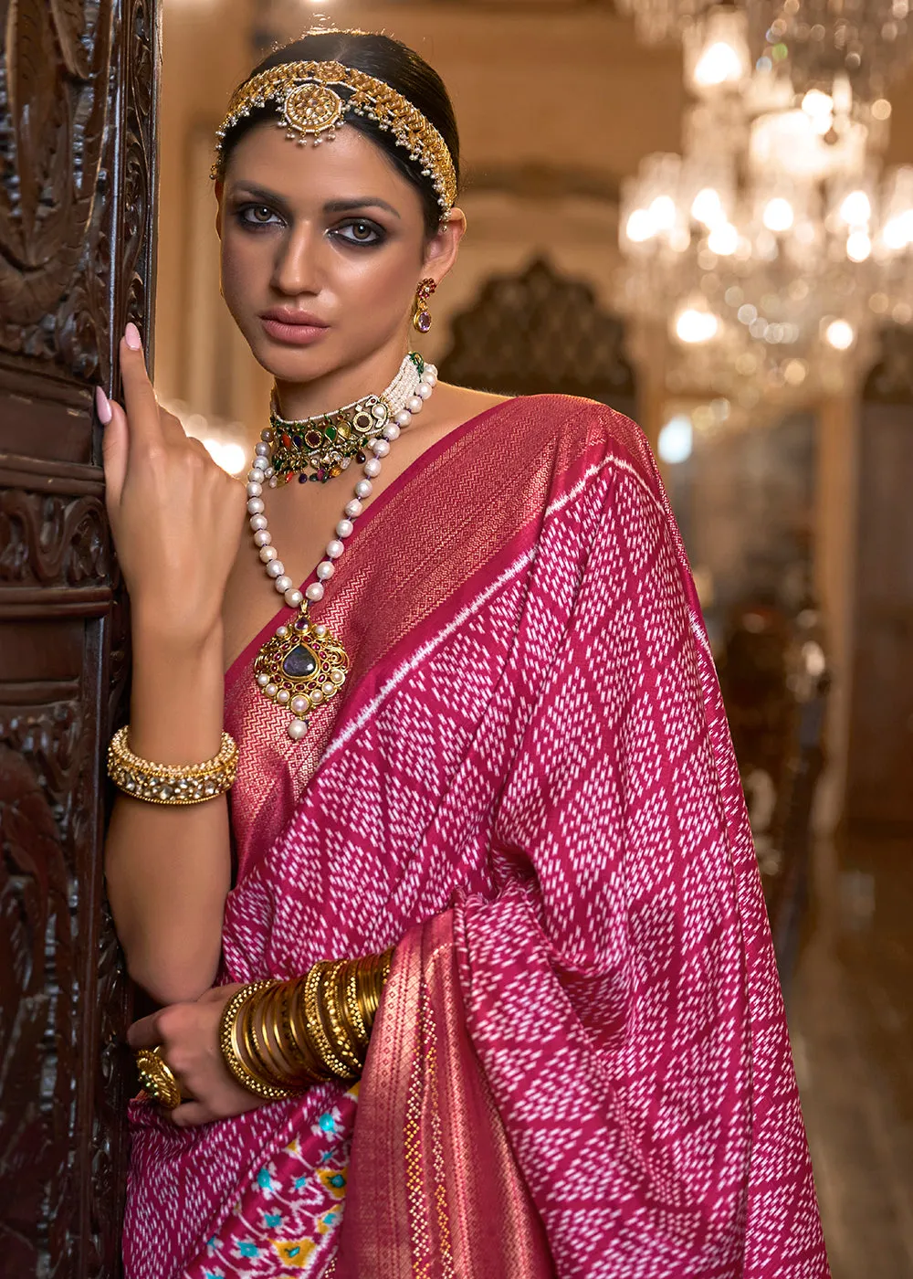 Astounding Pink Woven Zari & Printed Patola Silk Traditional Saree