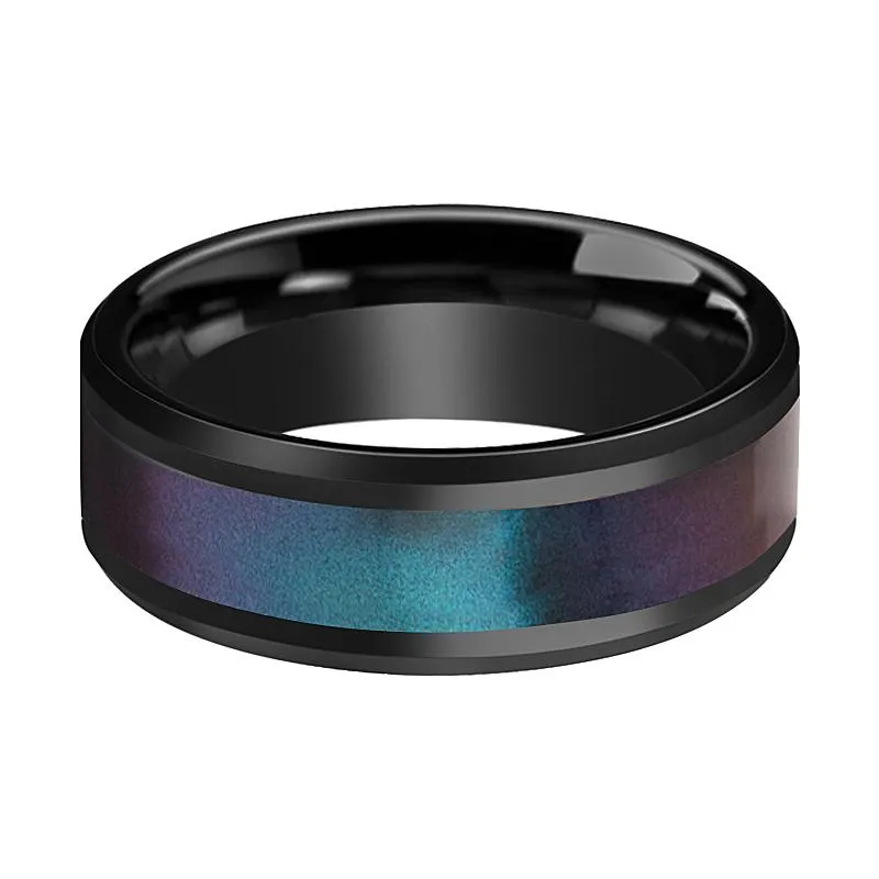 BARRACUDA | Black Ceramic Ring, Blue & Purple Color Changing Inlay, Beveled