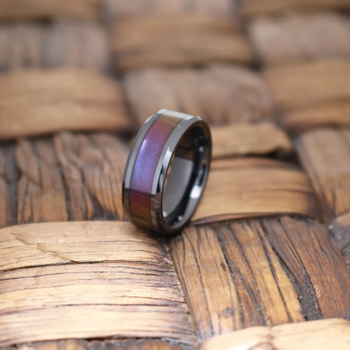 BARRACUDA | Black Ceramic Ring, Blue & Purple Color Changing Inlay, Beveled