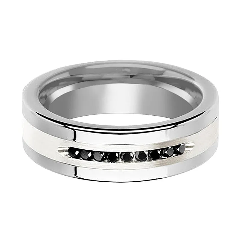 BLACKSTONE | Silver Tungsten Ring, Sterling Inlay, Black Diamonds, Flat