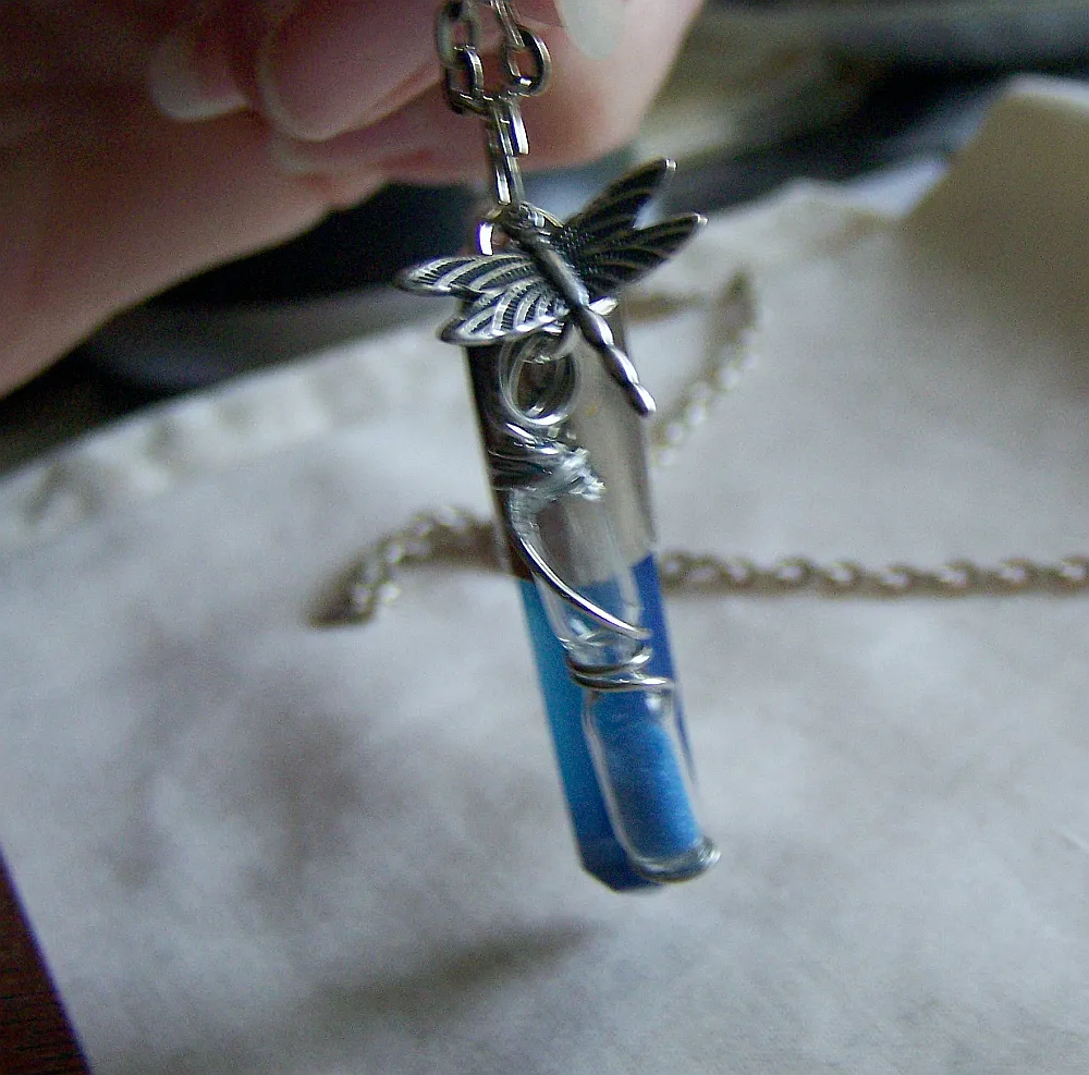 Blue Agate Bullet Pendant with Dragonfly and Tiny Hourglass