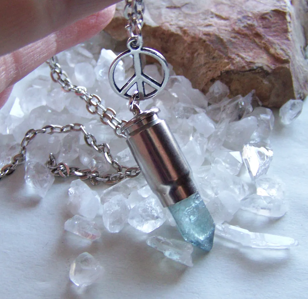 Blue Fluorite Peace Symbol Silver Bullet Jewelry Pendant