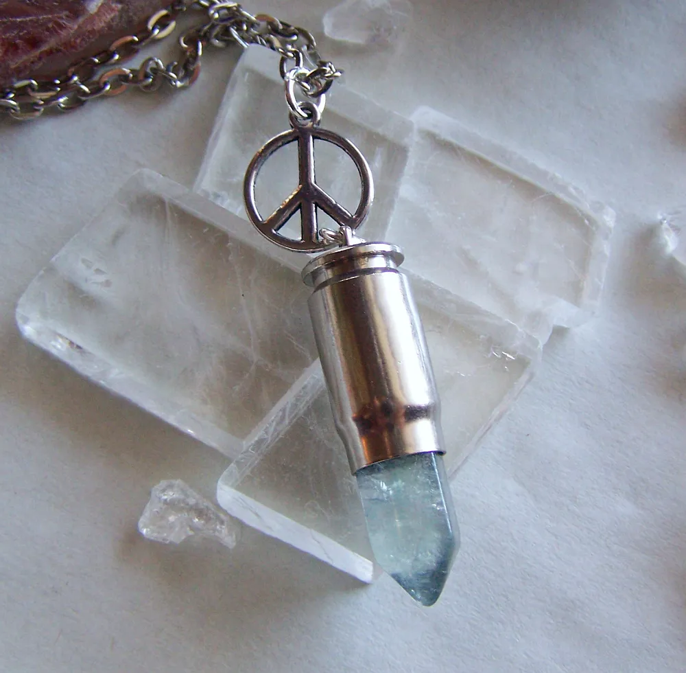 Blue Fluorite Peace Symbol Silver Bullet Jewelry Pendant