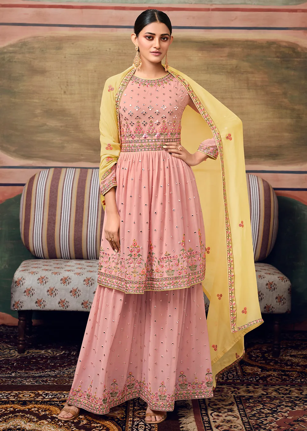 Blush Pink Designer Gharara Style Festive Sharara Suit