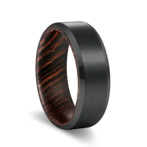 BRAVELY | Wenge Wood, Black Tungsten Ring, Brushed, Beveled