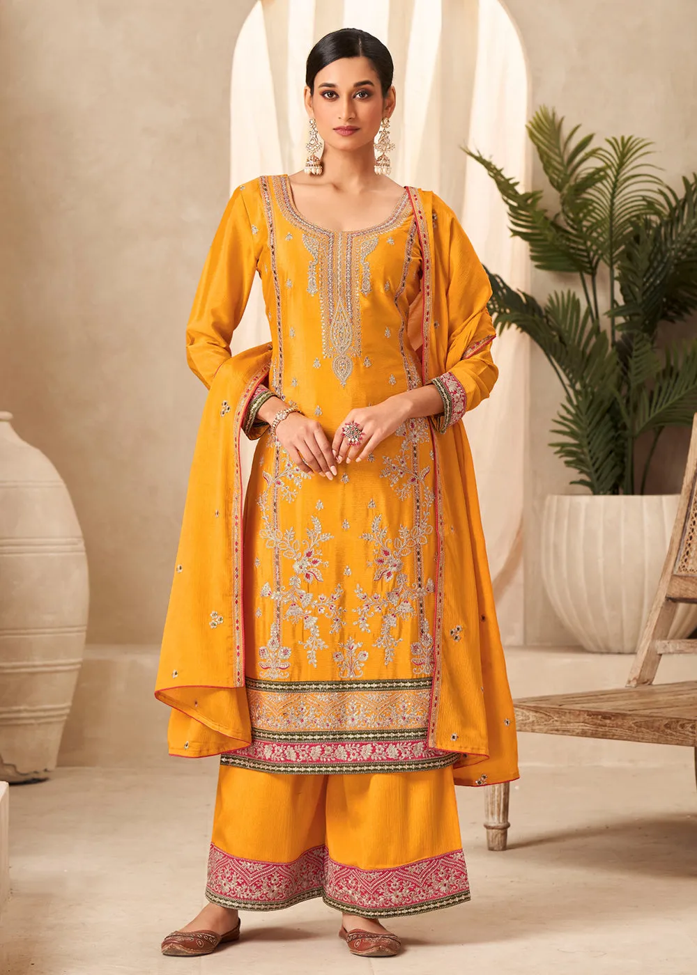 Bright Yellow Heavy Chinnon Wedding Festive Salwar Suit