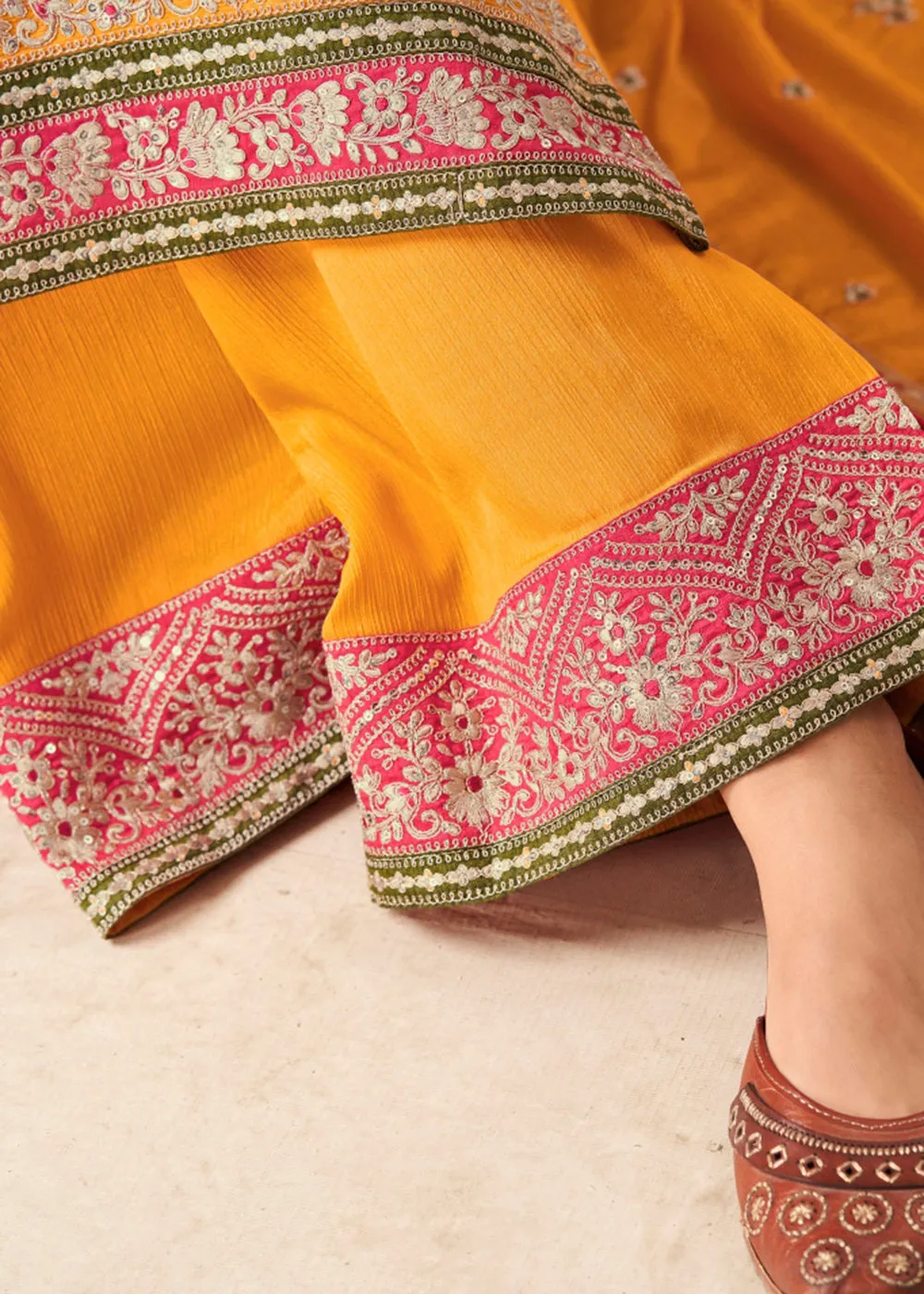 Bright Yellow Heavy Chinnon Wedding Festive Salwar Suit