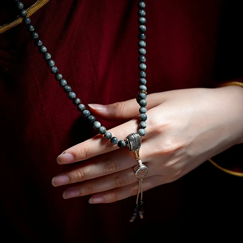 Buddha Stones 925 Sterling Silver 108 Mala Beads Eagle's Eye Stone Moonstone Positive Bracelet