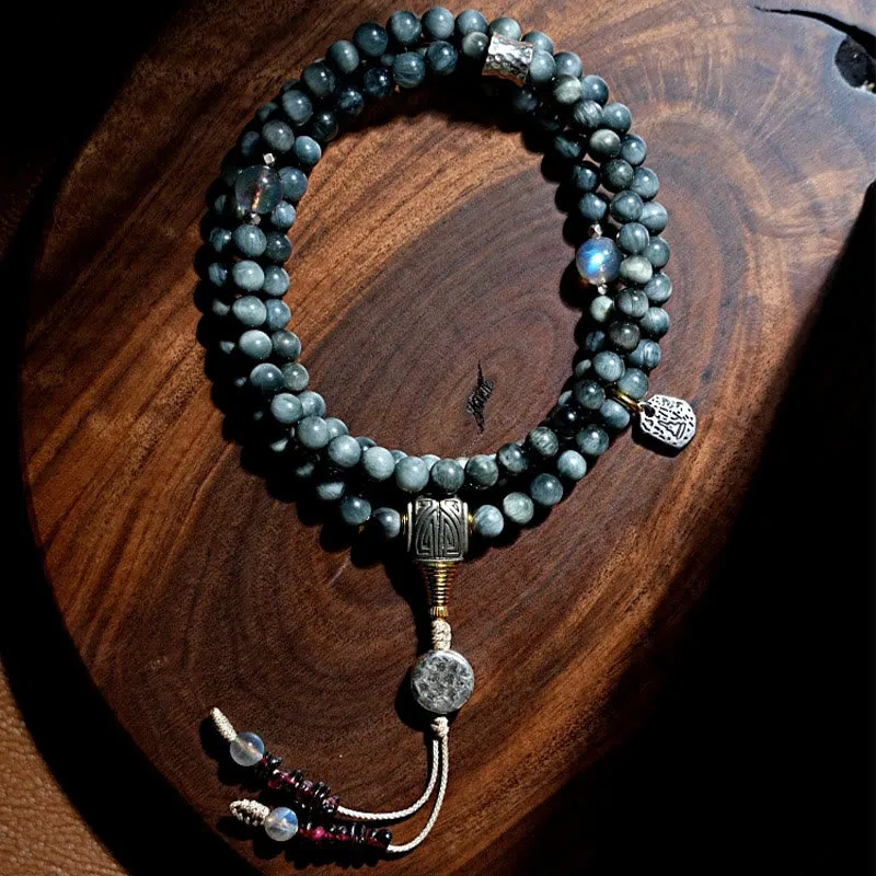 Buddha Stones 925 Sterling Silver 108 Mala Beads Eagle's Eye Stone Moonstone Positive Bracelet