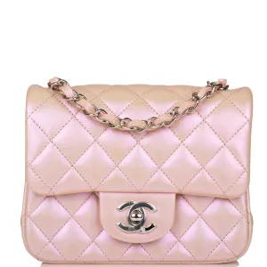 Chanel Mini Square Flap Bag in Pink Iridescent Lambskin with Silver Hardware