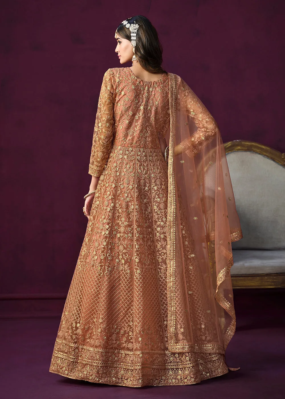 Charming Orange Embroidered Net Floor Length Anarkali Suit