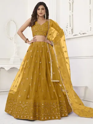 Charming Yellow Sequins Net Haldi Wear Lehenga Choli With Dupatta