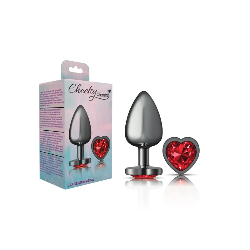 Cheeky Charms - Gunmetal Metal Butt Plug - Heart - Dark Red - Large