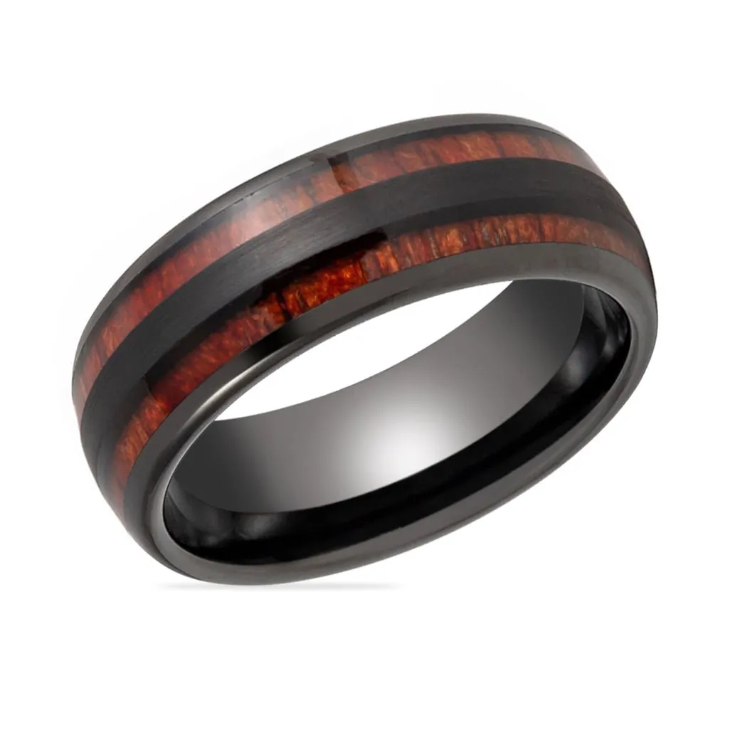 DAPPER | Black Tungsten Ring, Double Koa Wood Inlay, Domed