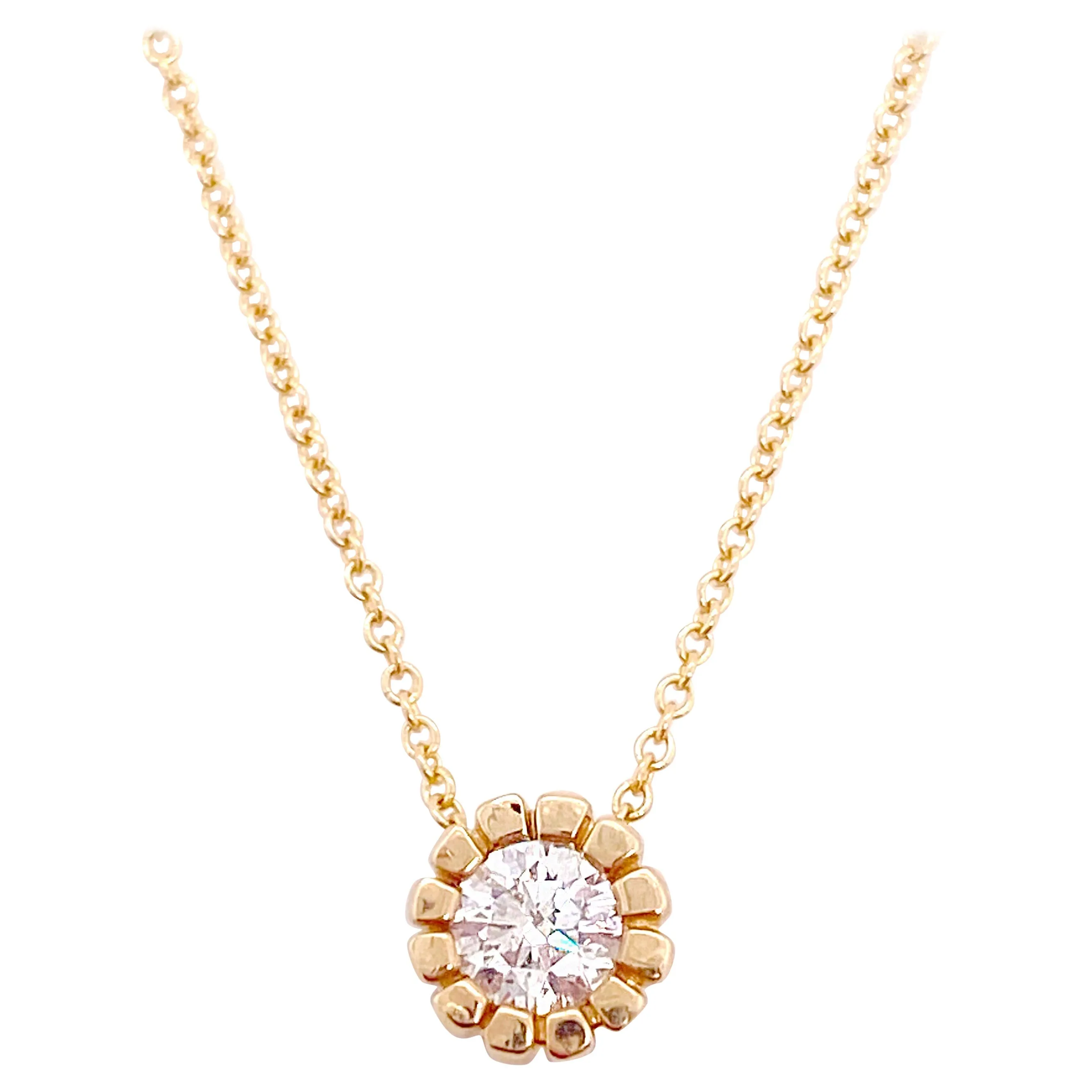 Diamond Solitaire Necklace, Yellow Gold, Round Brilliant Diamond Pendant Star