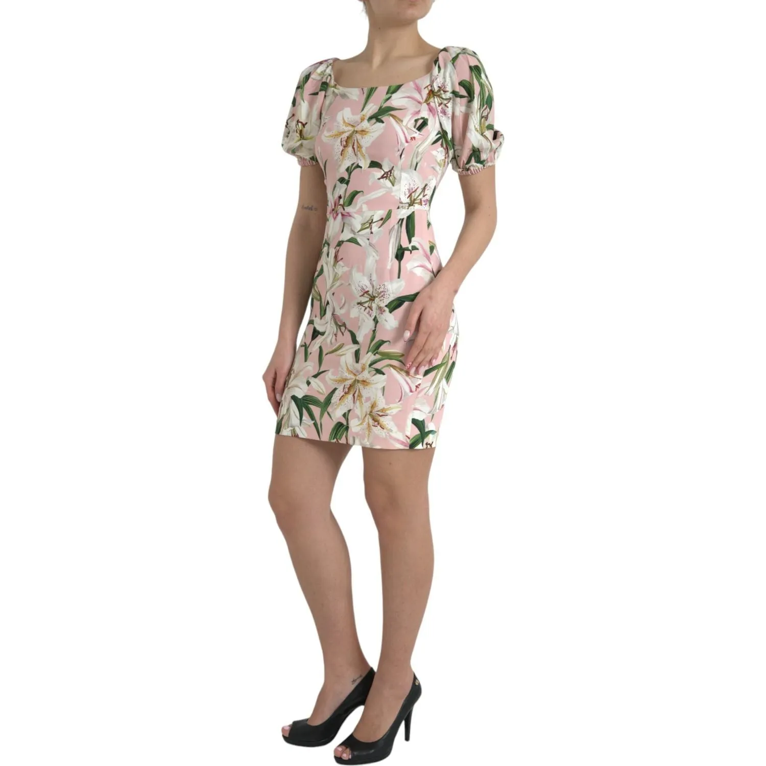 Dolce & Gabbana Elegant Pink Lily Print Sheath Dress