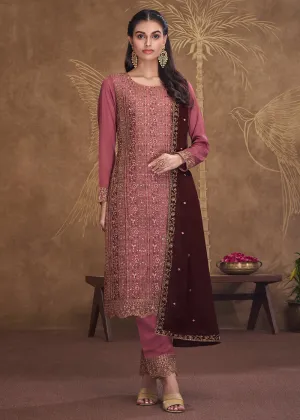 Dreamy Pink Embroidered Art Silk Festive Pant Style Suit