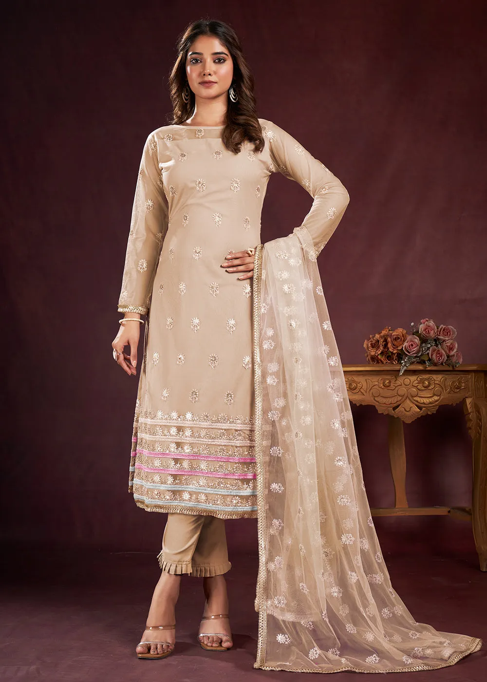 Dusty Beige Butterfly Net Embroidered Festive Salwar Suit