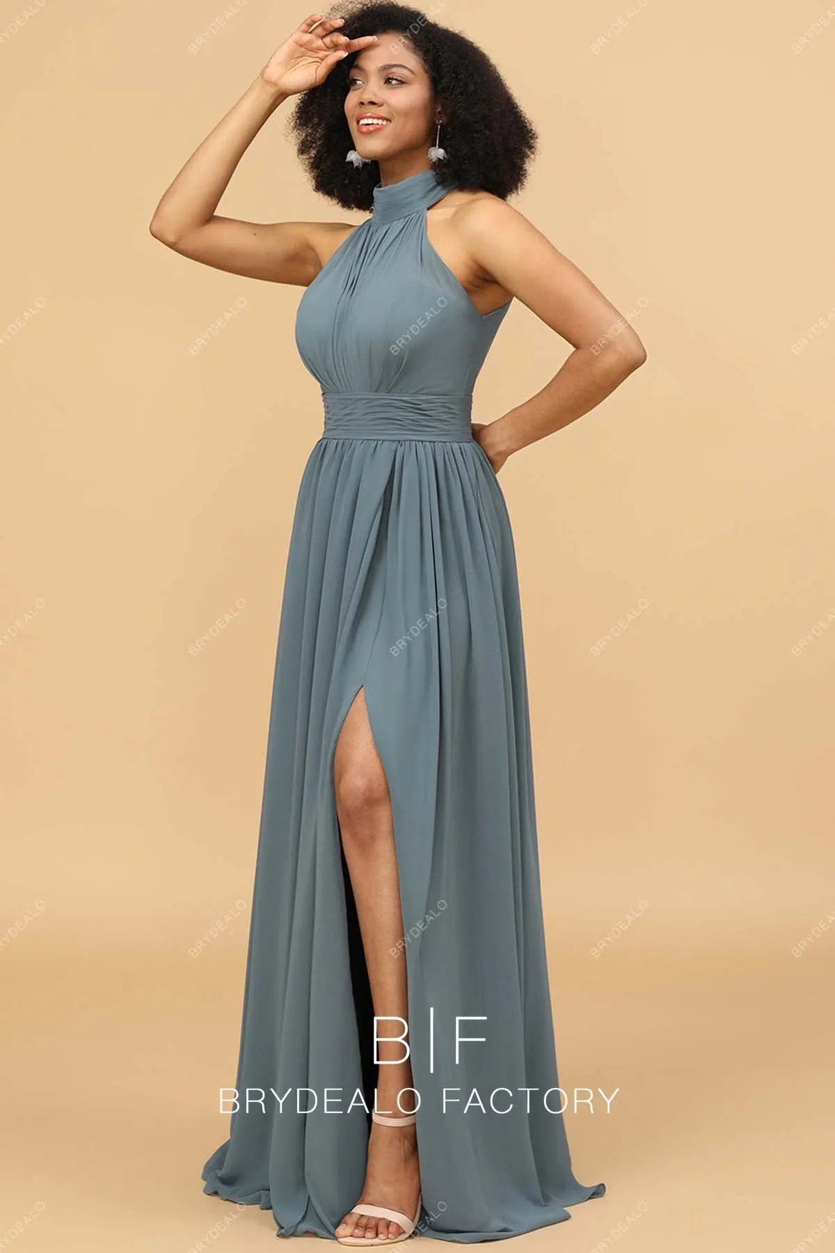 Dusty Blue Slit Floor Length Halter Neck Chiffon A-line Bridesmaid Gown