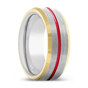 DYNAMO | Silver Ring, Silver Tungsten Ring, Red Groove, Gold Beveled Edge