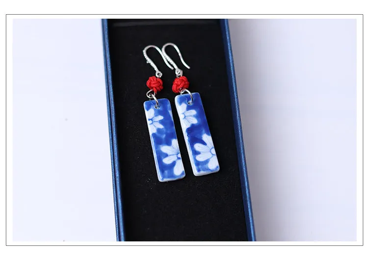 Fashionable retro polygonal blue and white earrings, exquisite handmade paintings, exquisite ceramic jewelry