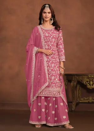 Faux Georgette Pink Embroidered Festive Salwar Suit