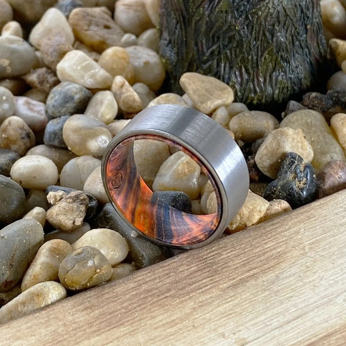 FISHER | Blue & Yellow/Orange Wood, Silver Tungsten Ring, Brushed, Flat