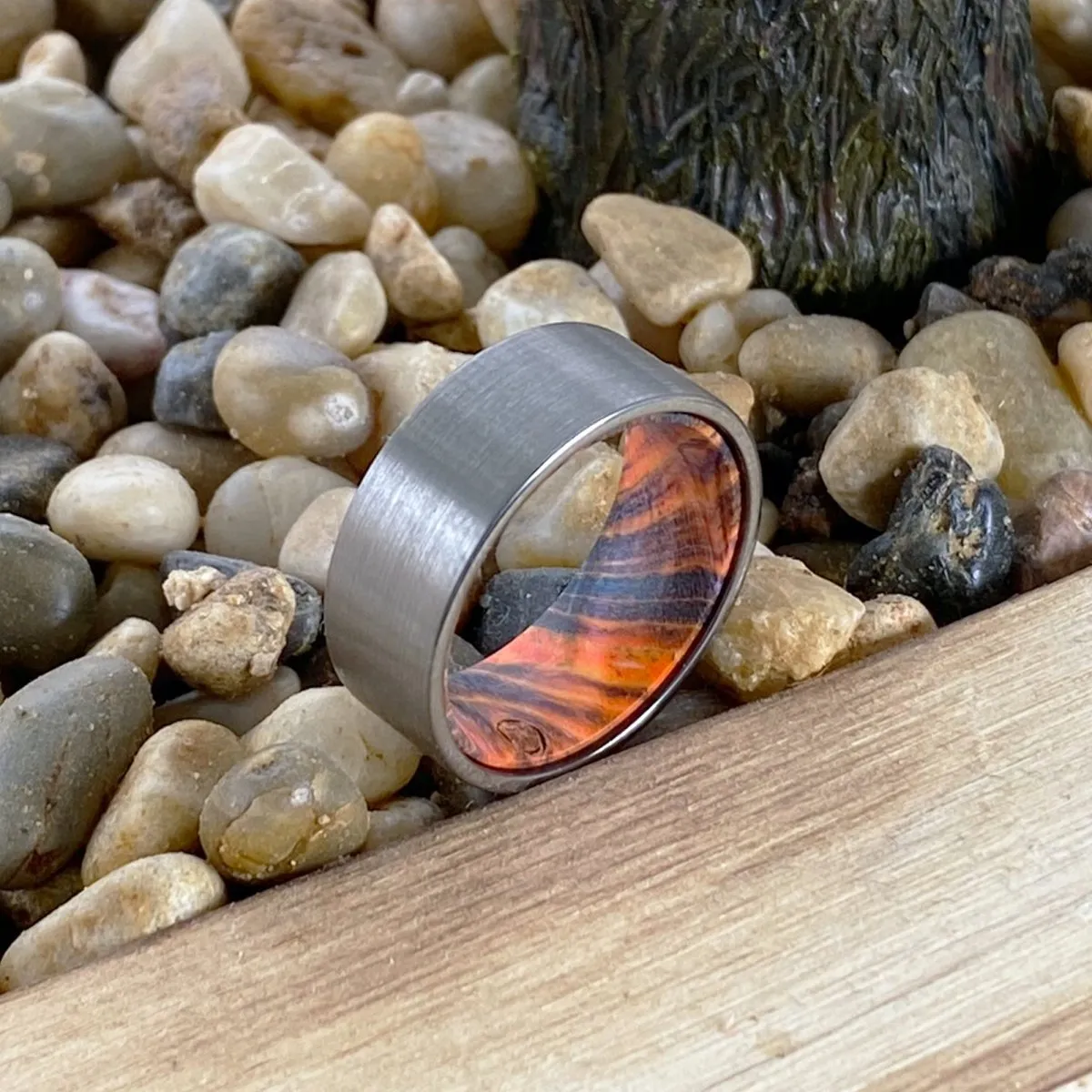 FISHER | Blue & Yellow/Orange Wood, Silver Tungsten Ring, Brushed, Flat