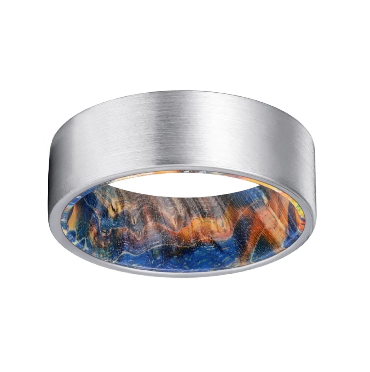 FISHER | Blue & Yellow/Orange Wood, Silver Tungsten Ring, Brushed, Flat