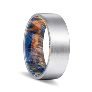 FISHER | Blue & Yellow/Orange Wood, Silver Tungsten Ring, Brushed, Flat