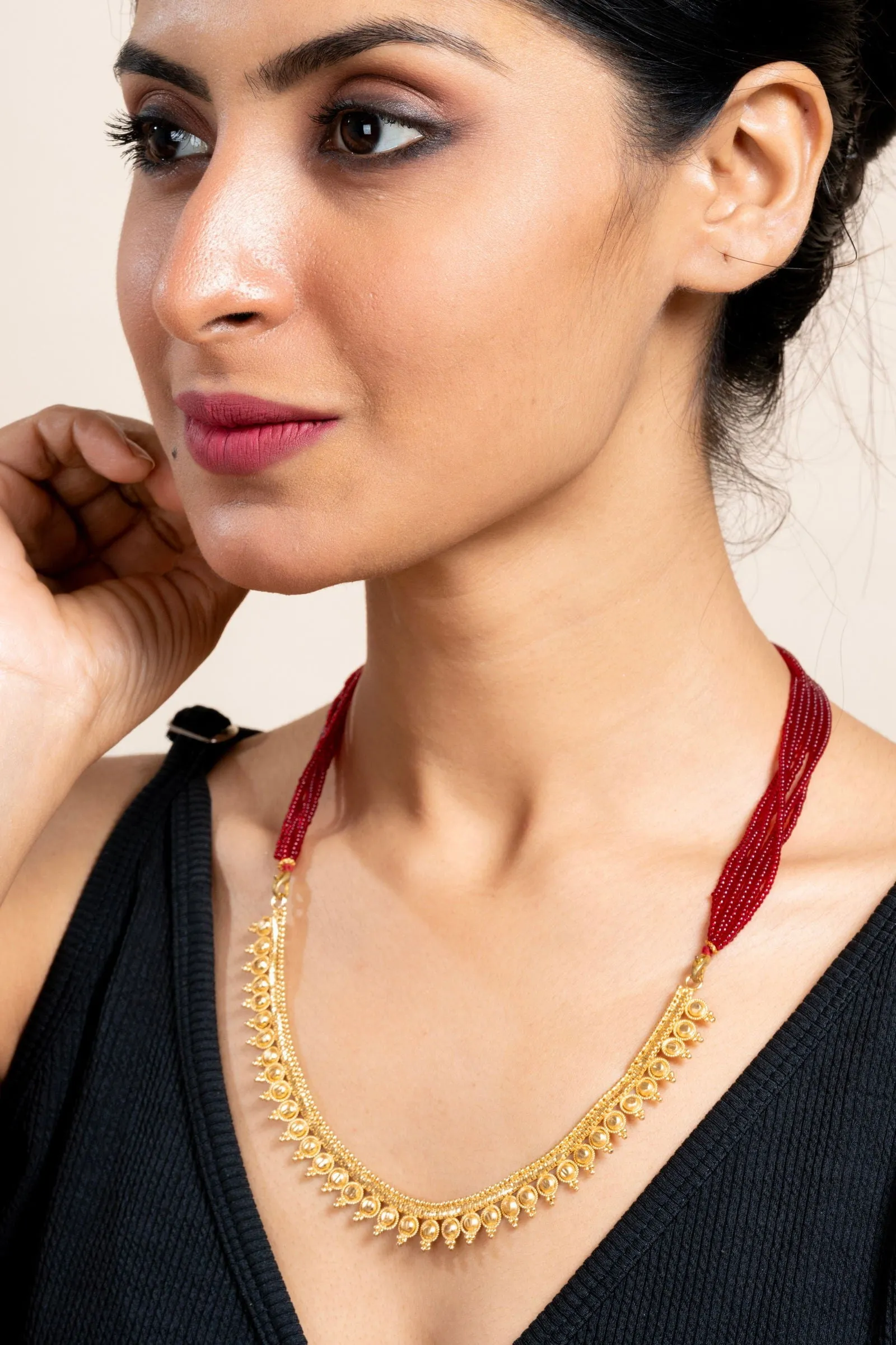 Gold Plated Designer Necklace with Bold Red Tassel Dori - Exquisite Copper Jewelry