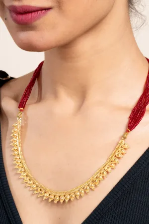 Gold Plated Designer Necklace with Bold Red Tassel Dori - Exquisite Copper Jewelry