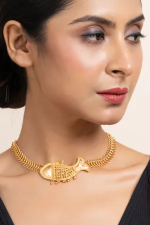 Gold Plated Fish Bone Choker Necklace - Copper Jewelry for Elegant Occasions