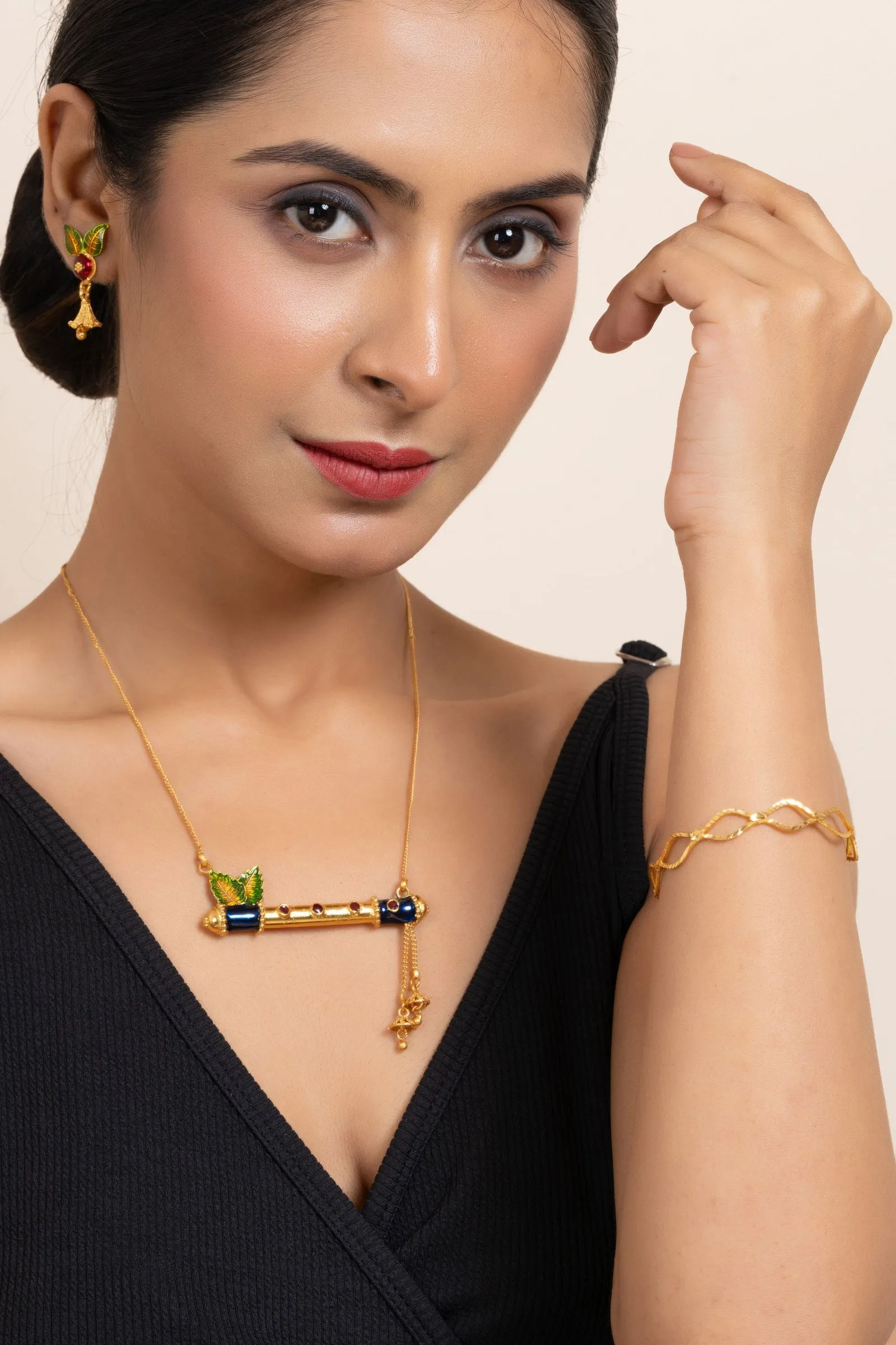 Gold Plated Meena Flute Pendant Necklace Set with Chain and Matching Earrings - Copper Jewelry Set