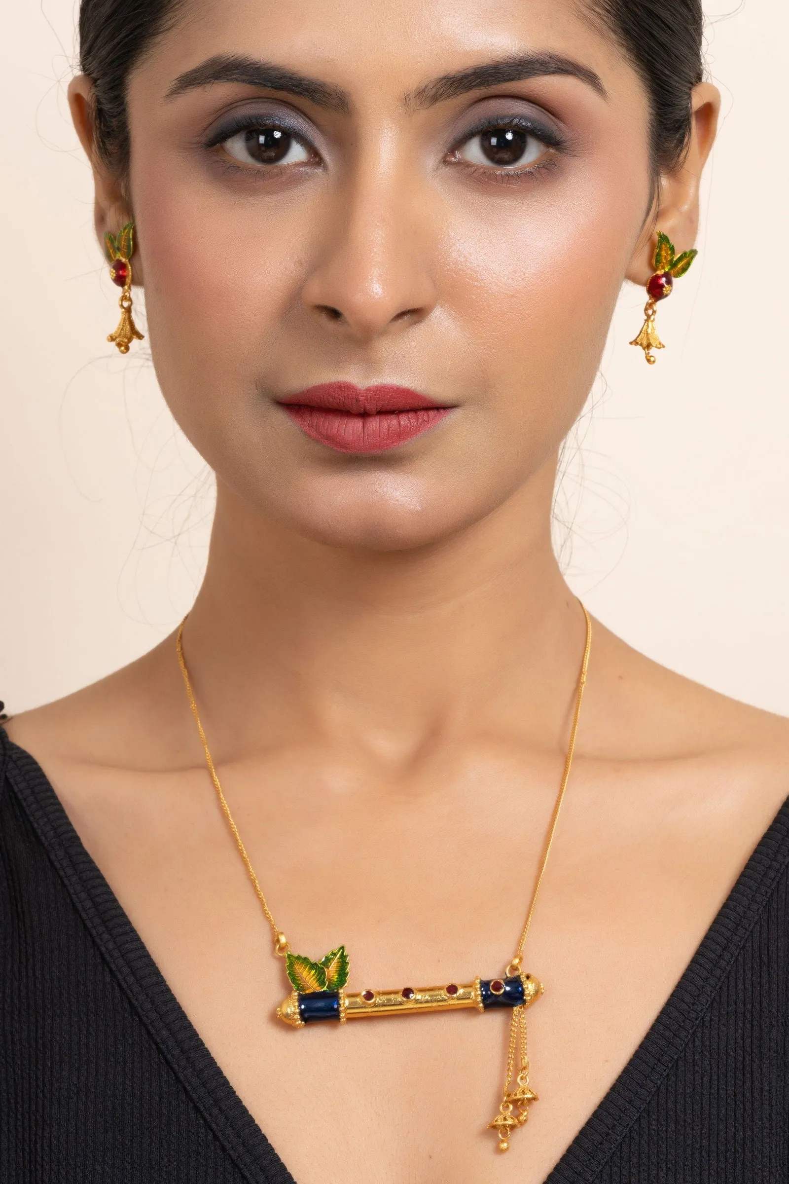 Gold Plated Meena Flute Pendant Necklace Set with Chain and Matching Earrings - Copper Jewelry Set