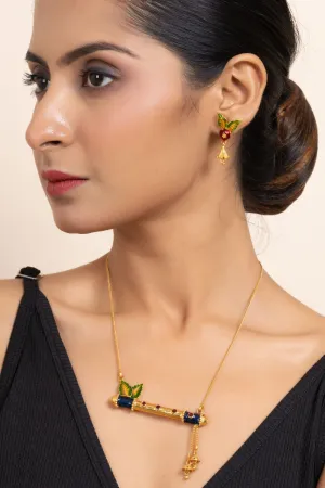 Gold Plated Meena Flute Pendant Necklace Set with Chain and Matching Earrings - Copper Jewelry Set