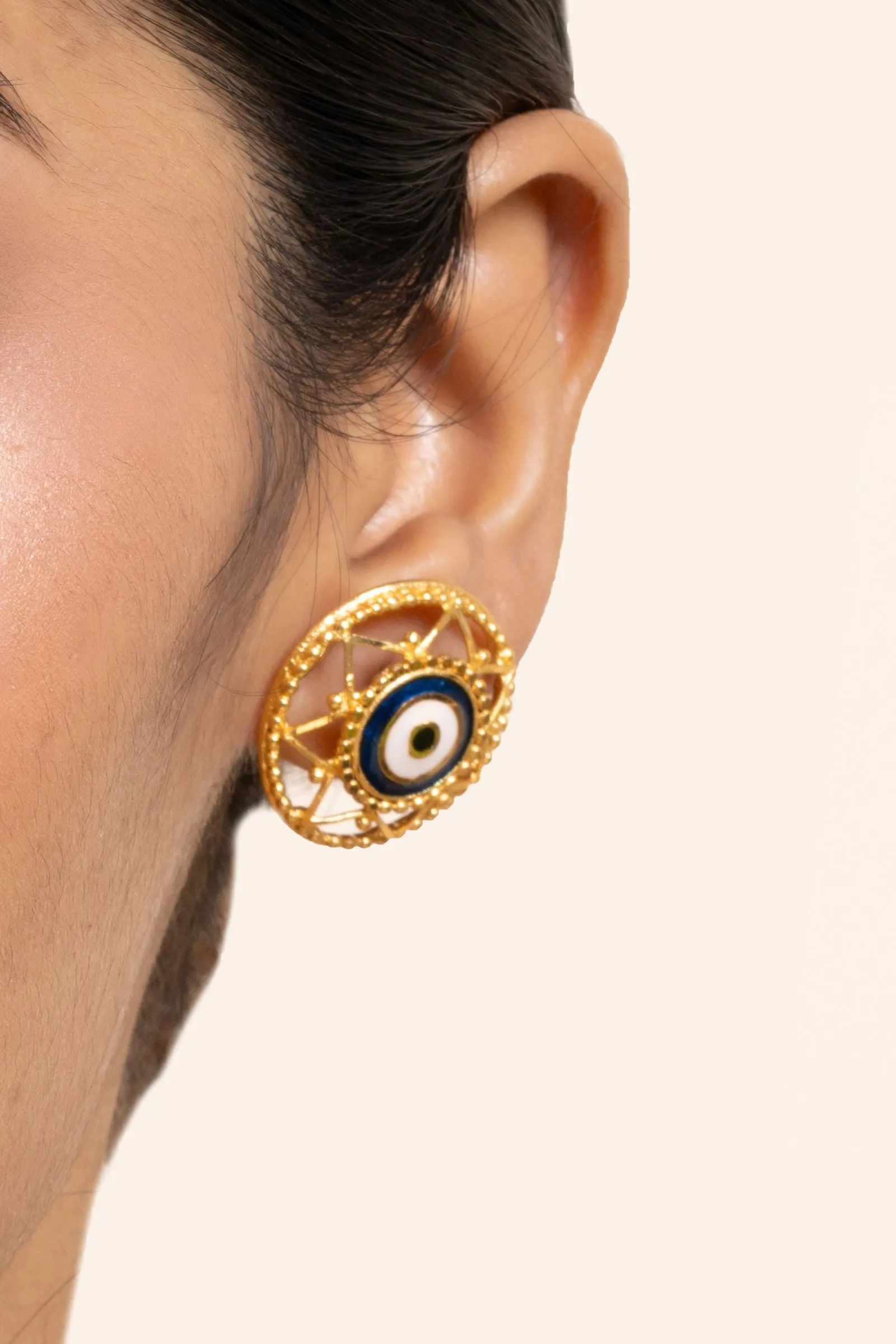 Gold Plated Round Evil Eye Stud Earrings with White Blue Meenakari Design - Copper Jewelry