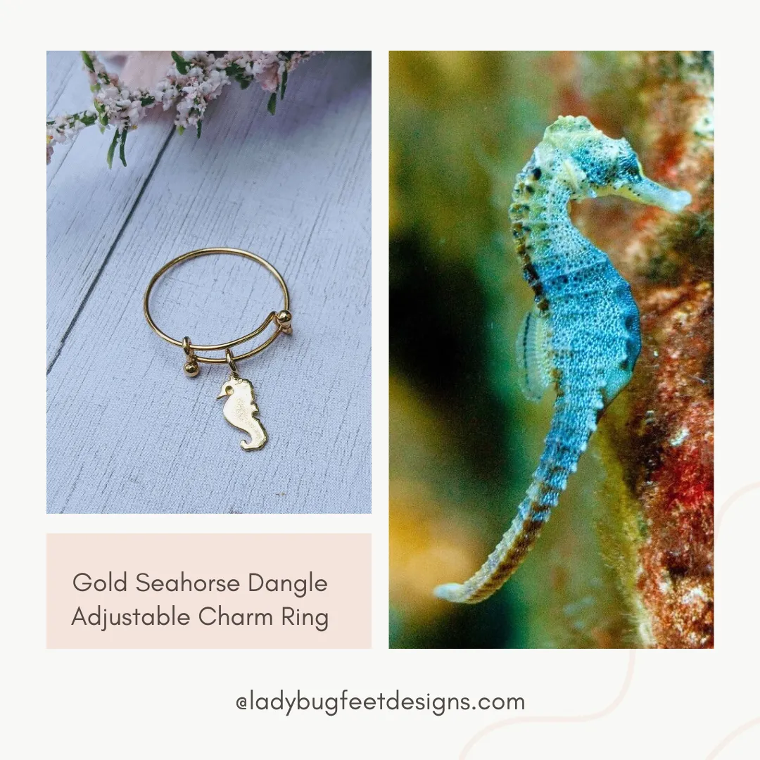 Gold Seahorse Dangle Adjustable Charm Ring